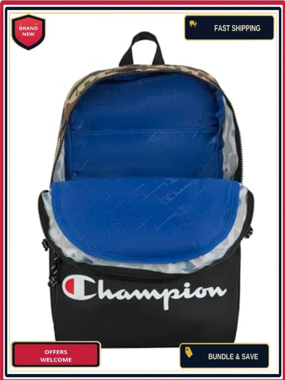 Champion Manuscript Backpack Polyester Laptop Compartment Water Bottle Pocket